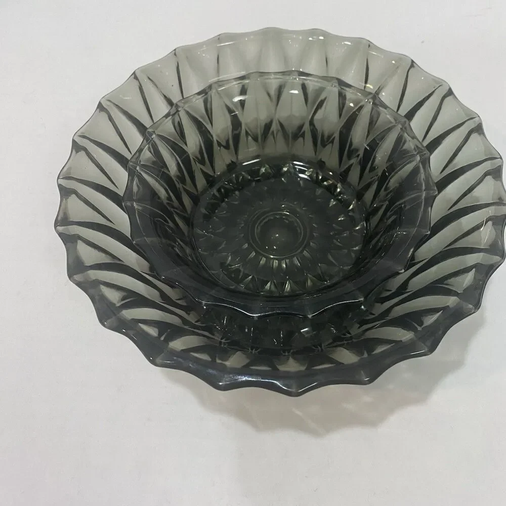 Vintage 2 Libbey Smoke Glass Serving Bowl 8” & 6” Diamond Scroll MCM Replacement